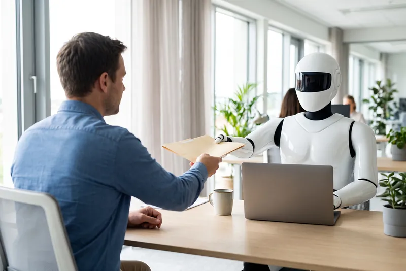 A white robot at a desk handing a folder of prepared work to a colleague